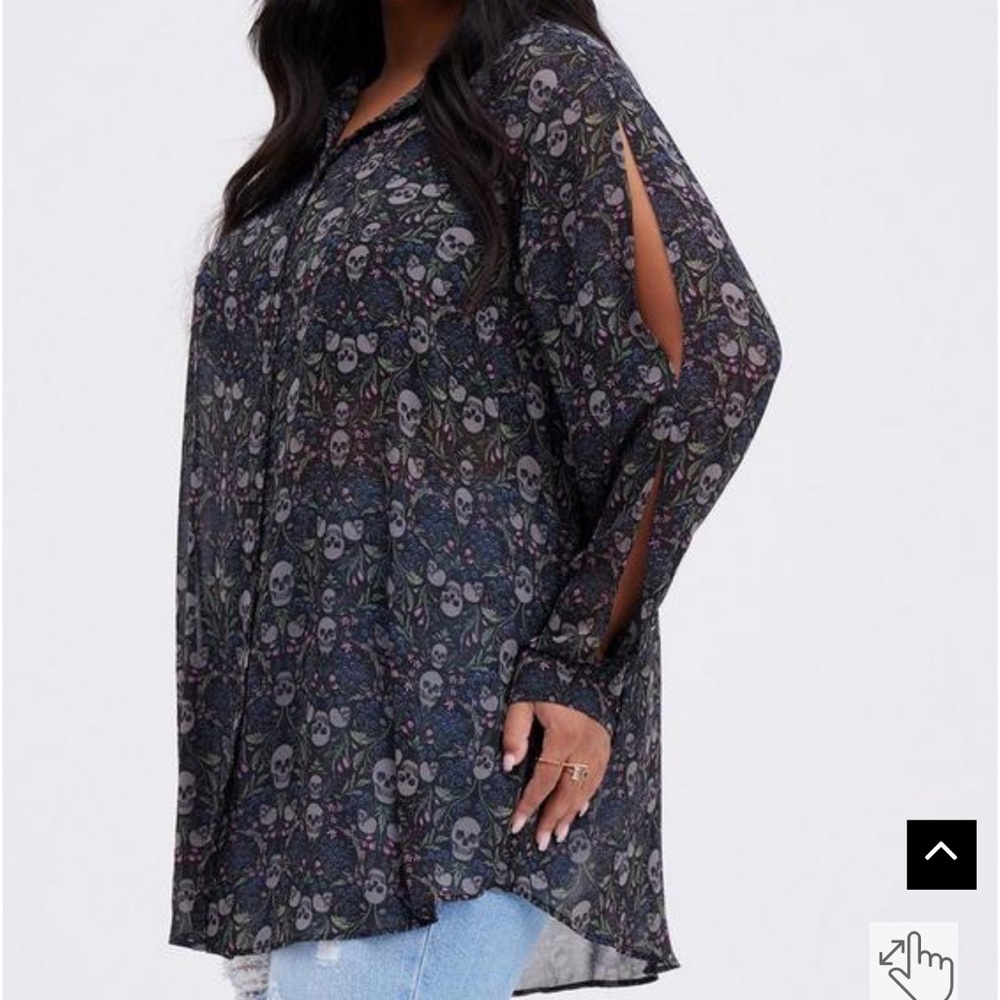 Torrid Garden Skull Chiffon Open Sleeve Button-Front Shirt